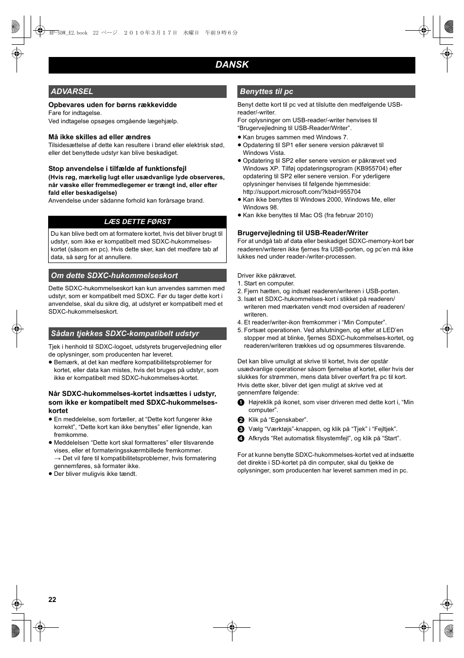 Dansk | Panasonic RPSDW48GE1K User Manual | Page 22 / 34