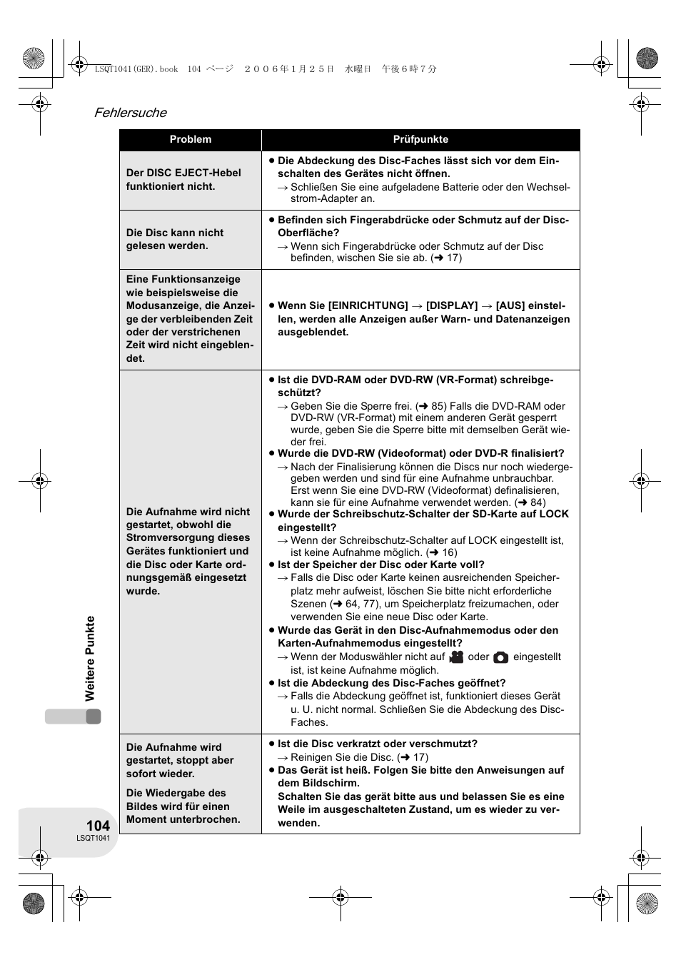 Fehlersuche | Panasonic VDRD152EG User Manual | Page 104 / 232