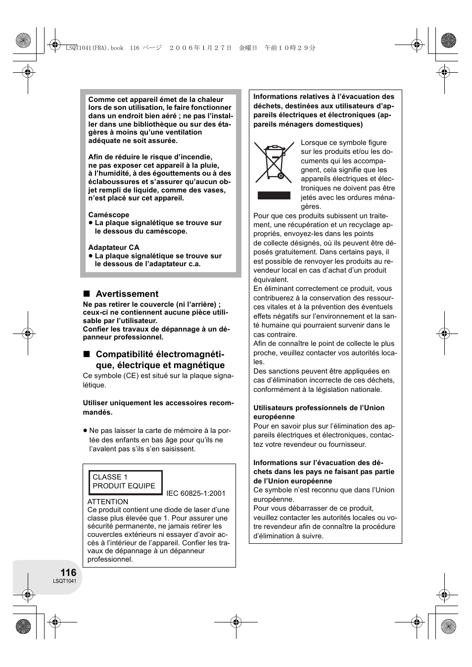 Avertissement | Panasonic VDRD152EG User Manual | Page 116 / 232