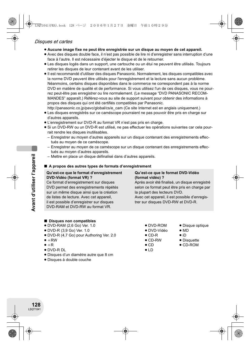 Disques et cartes | Panasonic VDRD152EG User Manual | Page 128 / 232