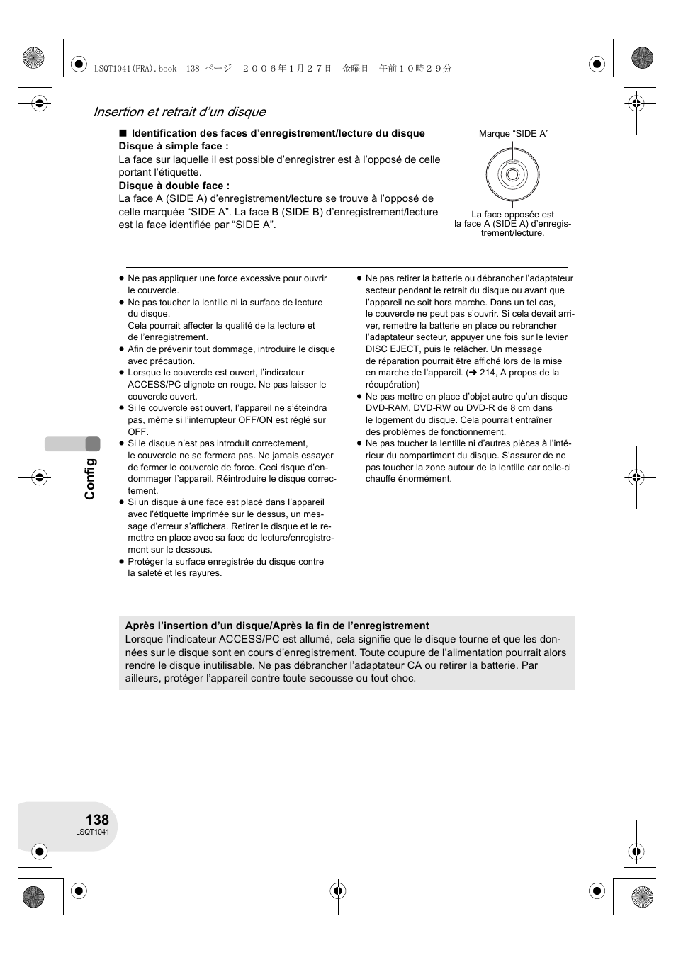 Insertion et retrait d’un disque, Config | Panasonic VDRD152EG User Manual | Page 138 / 232
