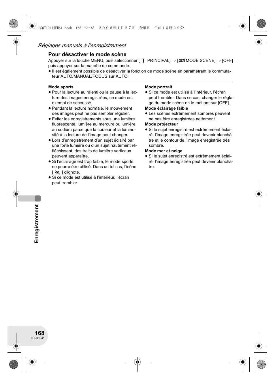 Réglages manuels à l’enregistrement | Panasonic VDRD152EG User Manual | Page 168 / 232