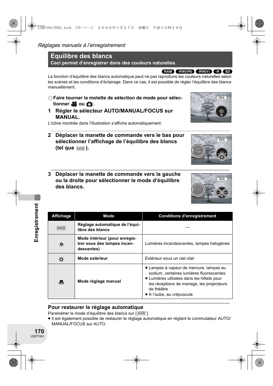 Equilibre des blancs, Réglages manuels à l’enregistrement | Panasonic VDRD152EG User Manual | Page 170 / 232