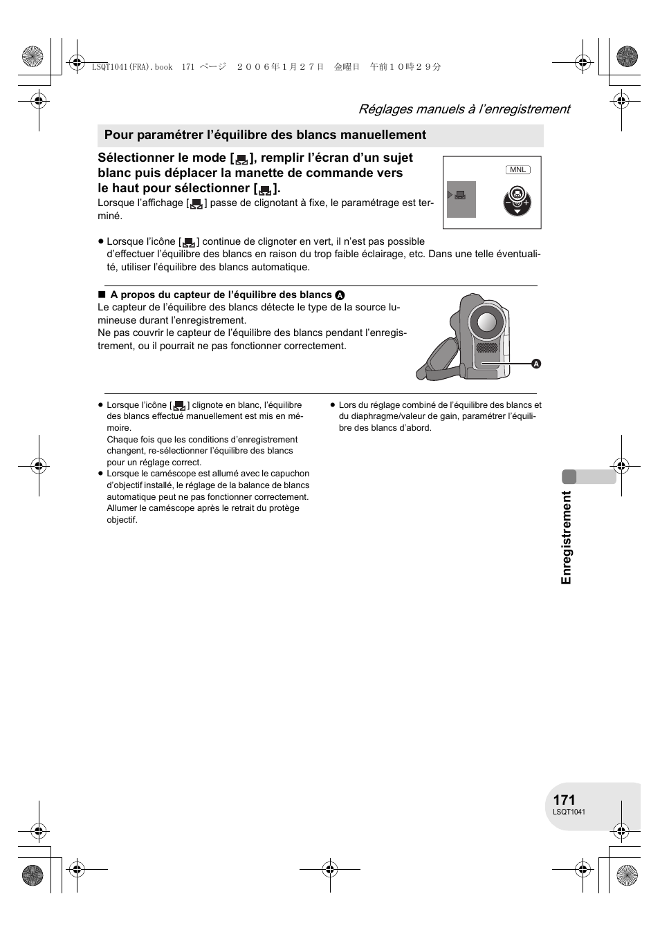 Réglages manuels à l’enregistrement | Panasonic VDRD152EG User Manual | Page 171 / 232