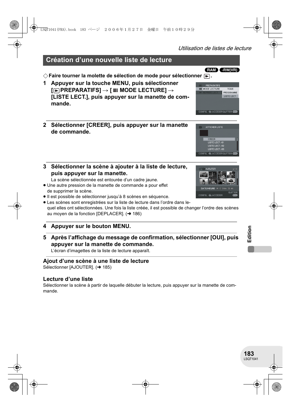 Création d’une nouvelle liste de lecture | Panasonic VDRD152EG User Manual | Page 183 / 232