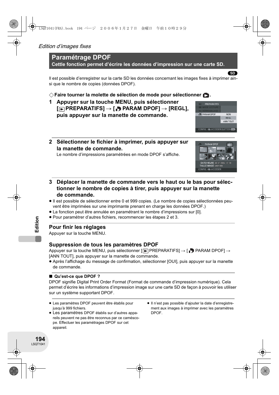Paramétrage dpof, Edition d’images fixes | Panasonic VDRD152EG User Manual | Page 194 / 232