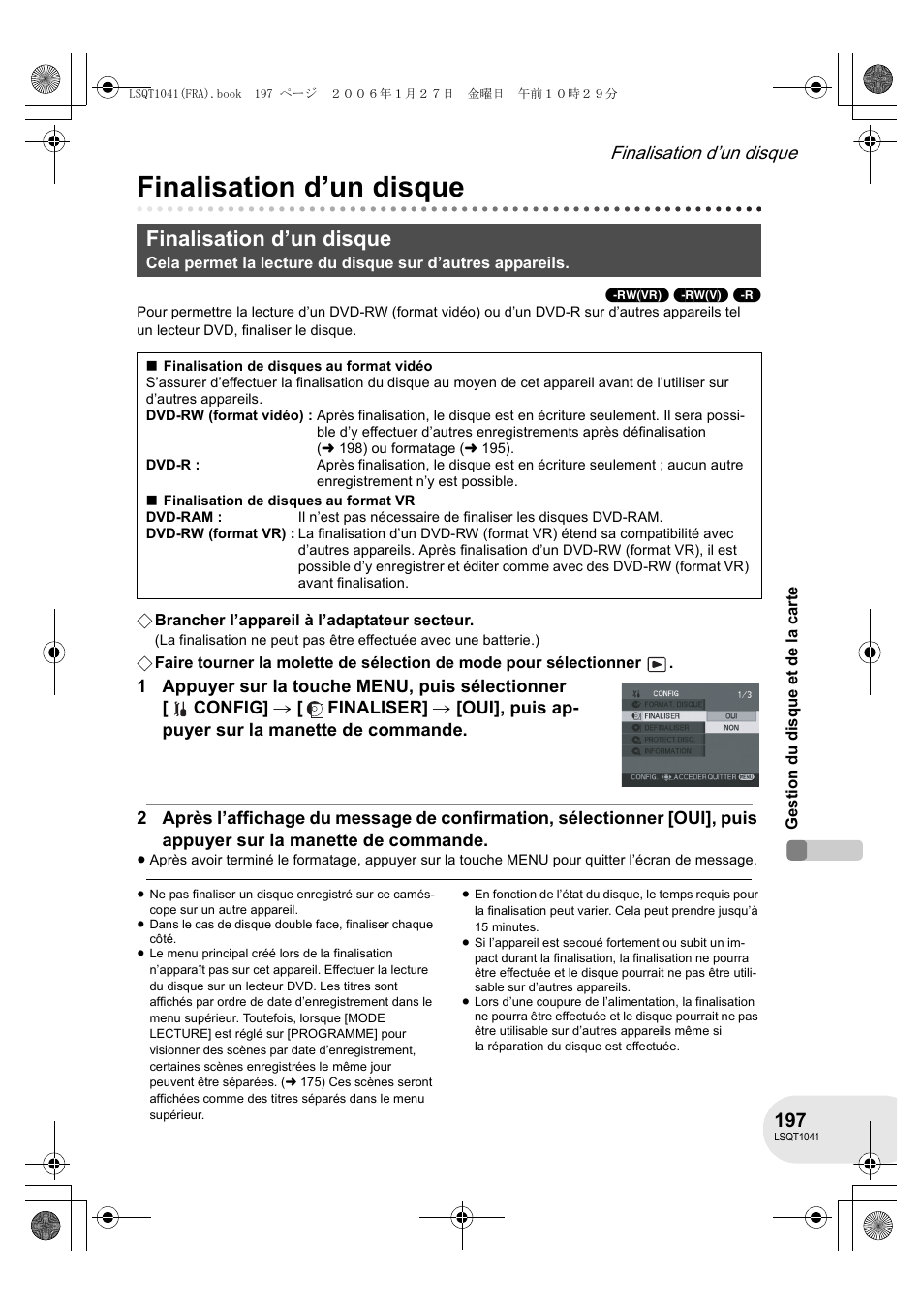 Finalisation d’un disque | Panasonic VDRD152EG User Manual | Page 197 / 232