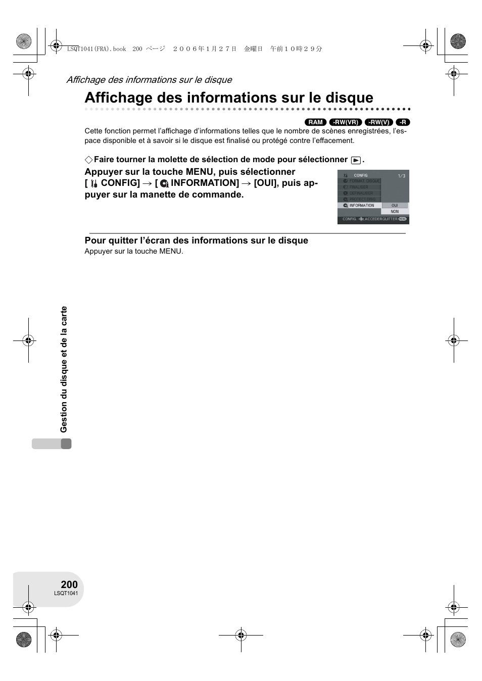 Affichage des informations sur le disque | Panasonic VDRD152EG User Manual | Page 200 / 232