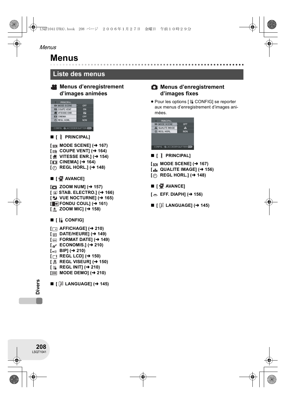 Liste des menus, Menus, Menus d’enregistrement d’images animées | Menus d’enregistrement d’images fixes | Panasonic VDRD152EG User Manual | Page 208 / 232