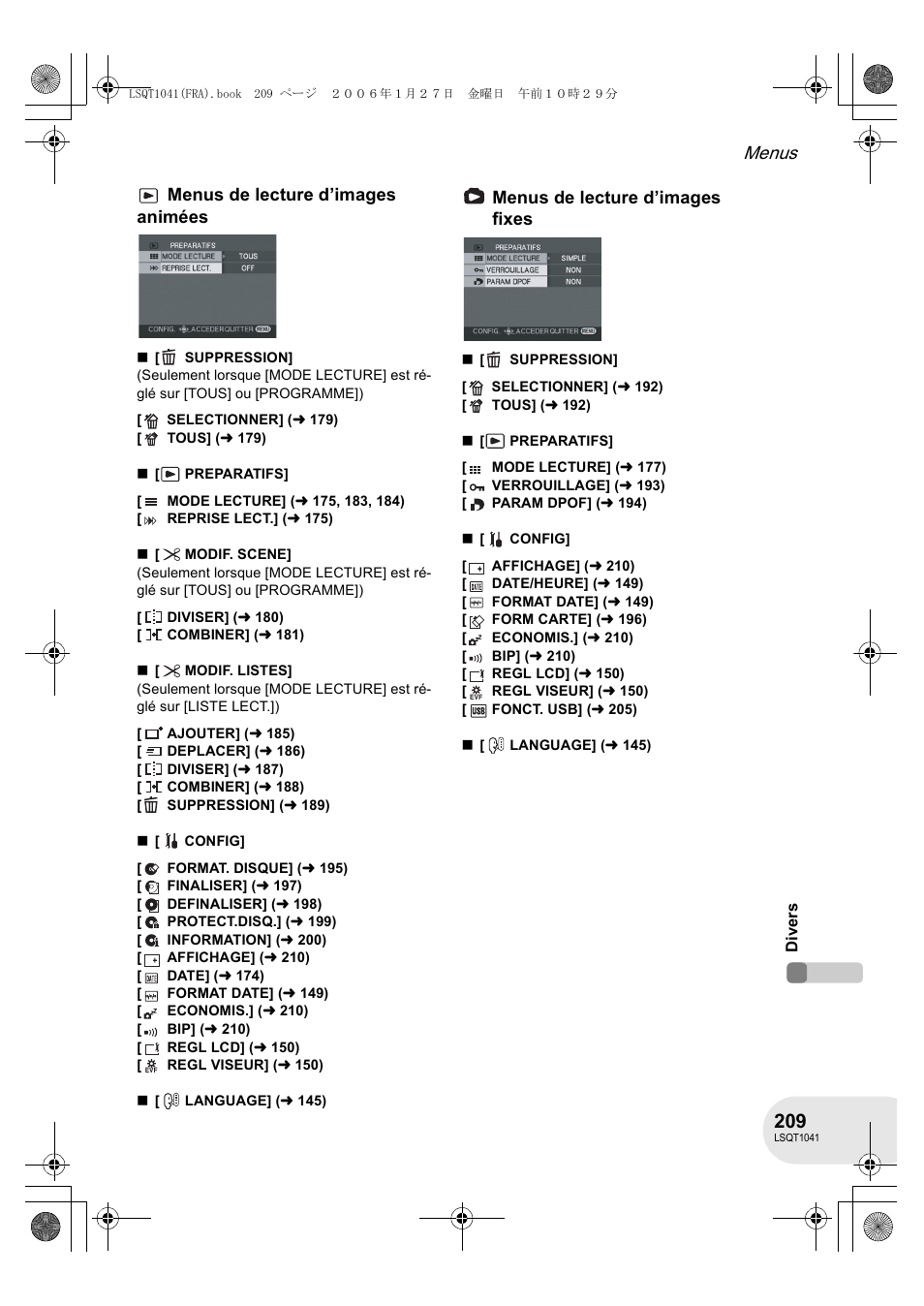 Menus, Menus de lecture d’images animées, Menus de lecture d’images fixes | Panasonic VDRD152EG User Manual | Page 209 / 232