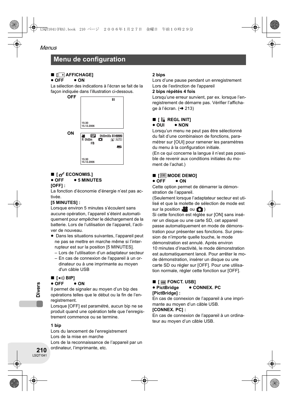 Menu de configuration, Menus | Panasonic VDRD152EG User Manual | Page 210 / 232