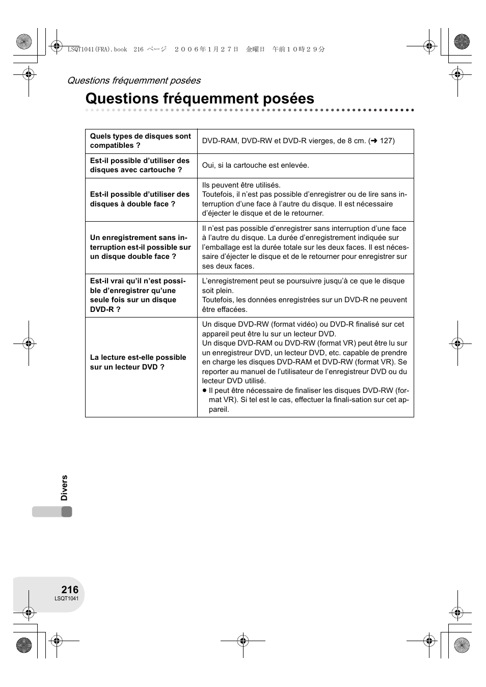 Questions fréquemment posées | Panasonic VDRD152EG User Manual | Page 216 / 232