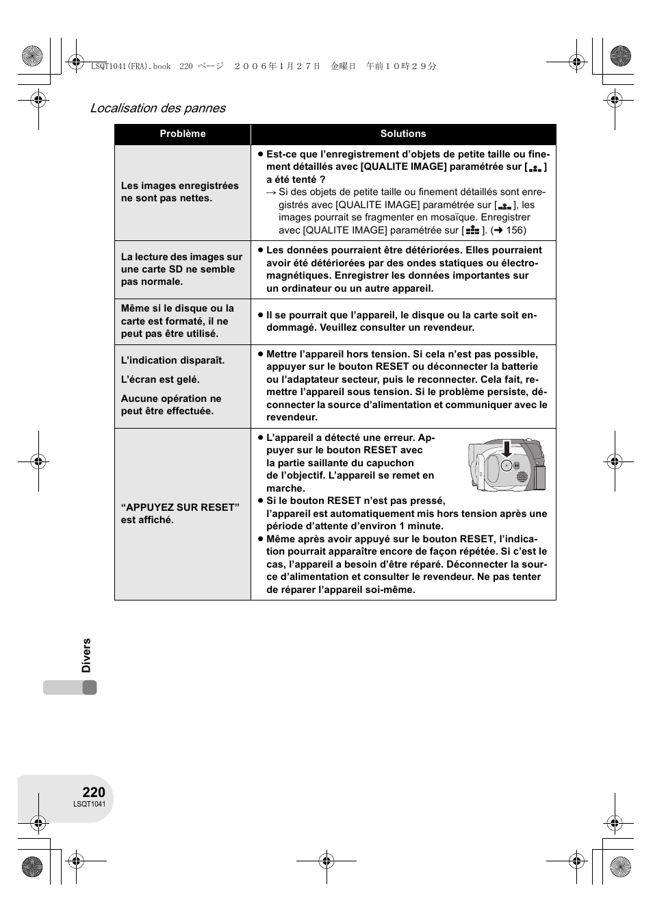 Localisation des pannes | Panasonic VDRD152EG User Manual | Page 220 / 232