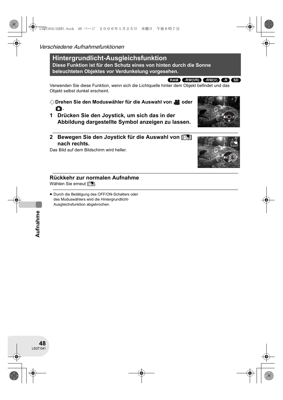 Hintergrundlicht-ausgleichsfunktion | Panasonic VDRD152EG User Manual | Page 48 / 232