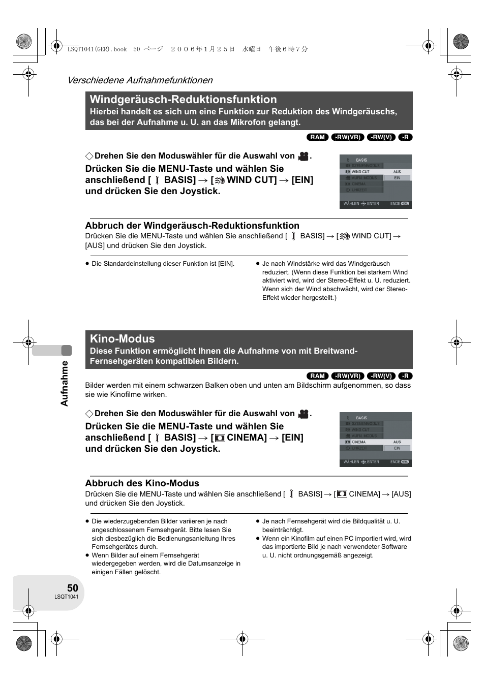Windgeräusch-reduktionsfunktion, Kino-modus, Verschiedene aufnahmefunktionen | Panasonic VDRD152EG User Manual | Page 50 / 232