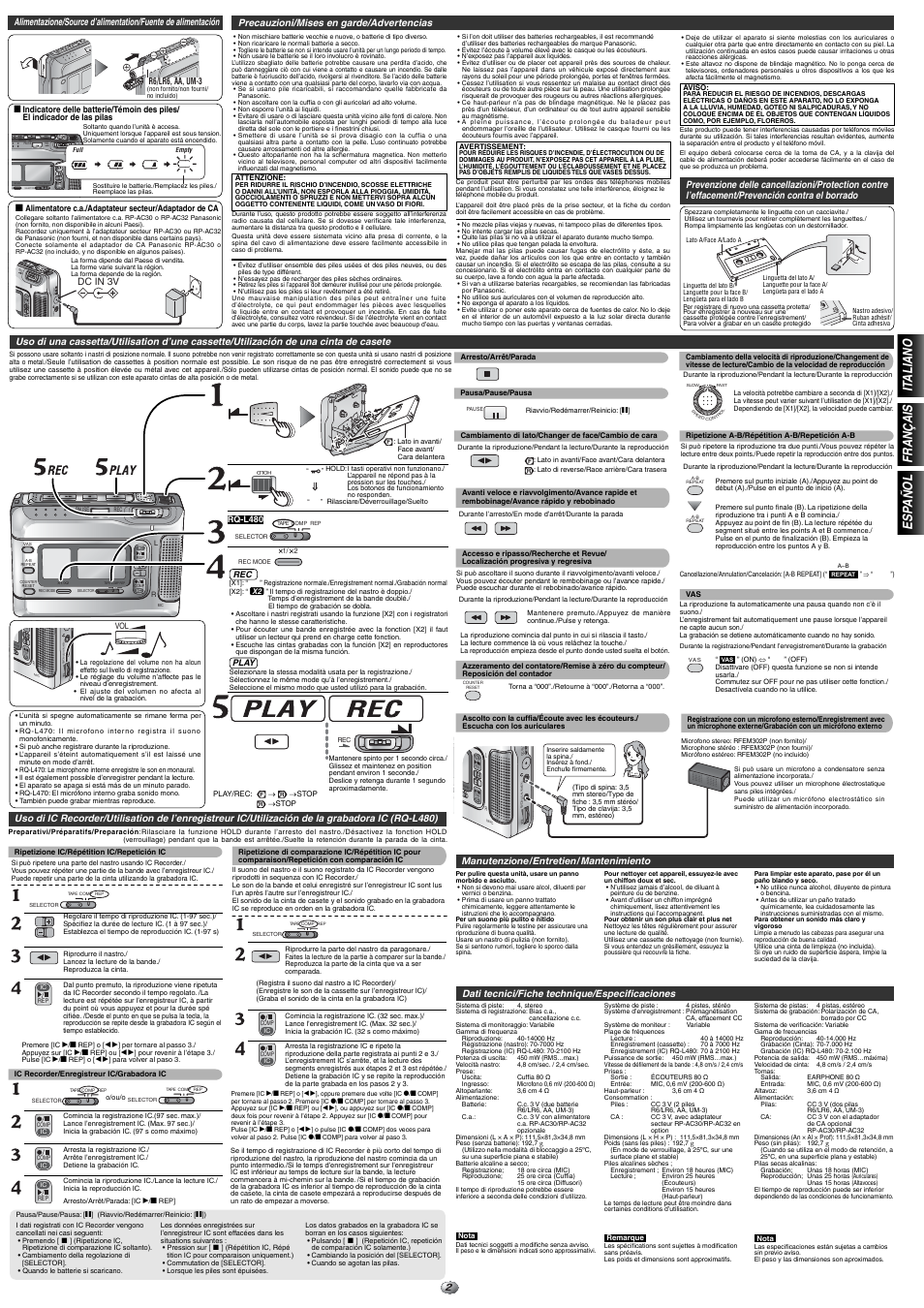 X1/x2 tape comp rep, Hold, Tape c omp r ep | Hol d, Plug in po wer), It aliano fran ç ais esp a ñ ol, Dc in 3v precauzioni/mises en garde/advertencias, Manutenzione/entretien/ mantenimiento, Dati tecnici/fiche technique/especificaciones | Panasonic RQL470 User Manual | Page 2 / 4