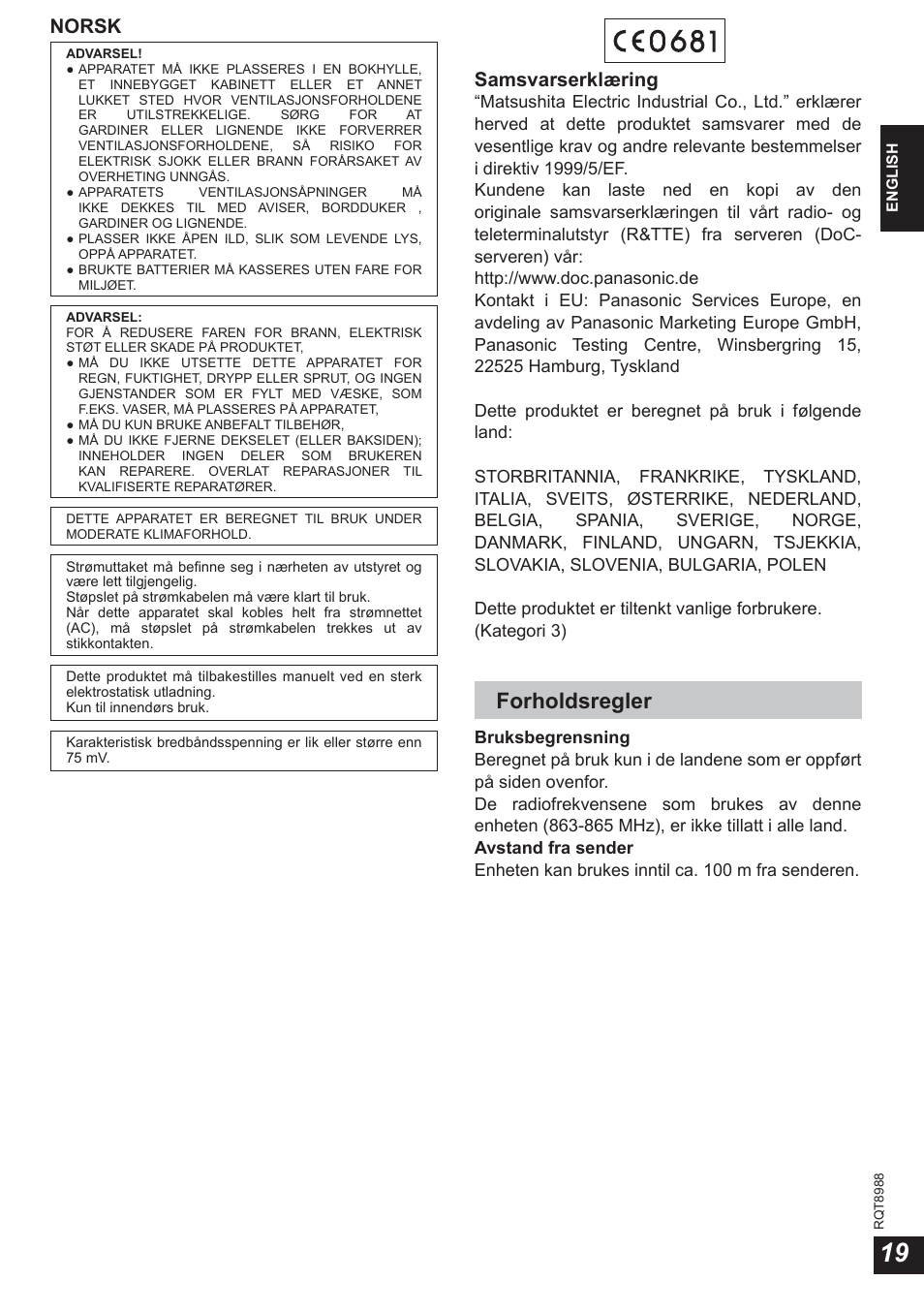 Forholdsregler, Norsk, Samsvarserklæring | Panasonic RPWF940 User Manual | Page 19 / 80
