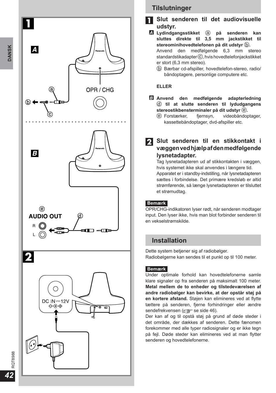 Tilslutninger, Installation | Panasonic RPWF940 User Manual | Page 42 / 80