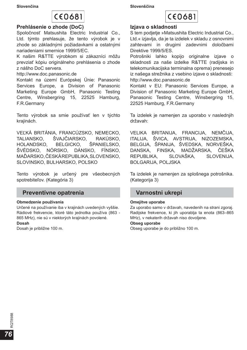 Preventívne opatrenia, Varnostni ukrepi | Panasonic RPWF940 User Manual | Page 76 / 80