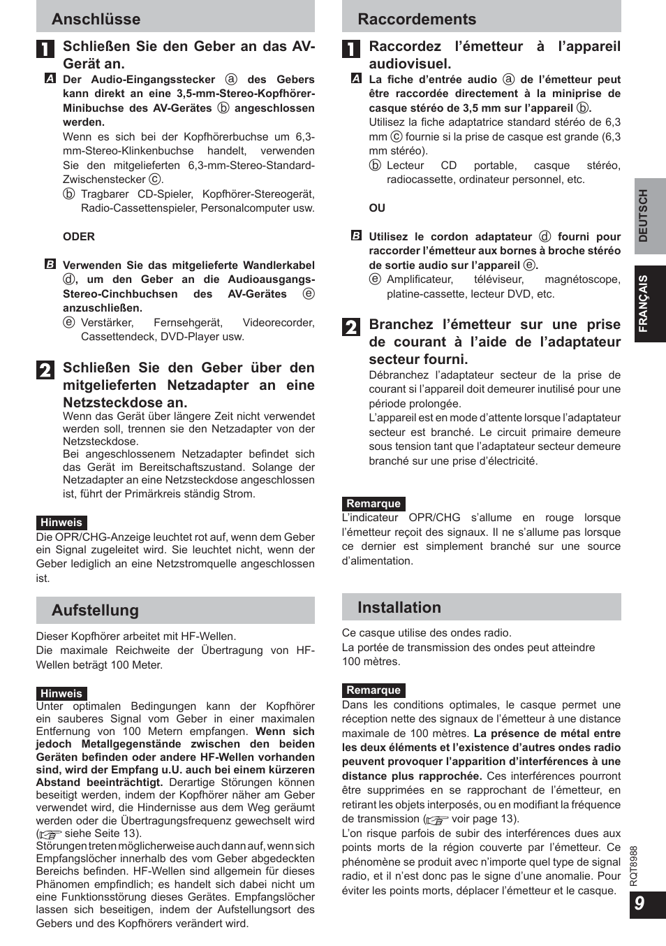 Anschlüsse, Aufstellung, Raccordements | Installation, Schließen sie den geber an das av- gerät an, Raccordez l’émetteur à l’appareil audiovisuel | Panasonic RPWF940 User Manual | Page 9 / 80