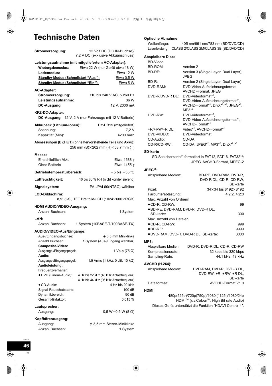 Technische daten | Panasonic DMPB15 User Manual | Page 46 / 100