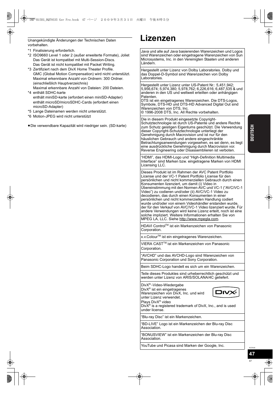 Lizenzen | Panasonic DMPB15 User Manual | Page 47 / 100
