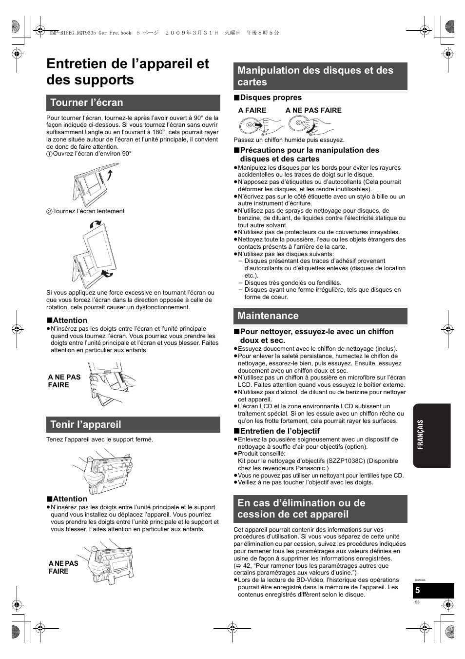 Entretien de l’appareil et des supports, Tourner l’écran tenir l’appareil | Panasonic DMPB15 User Manual | Page 53 / 100