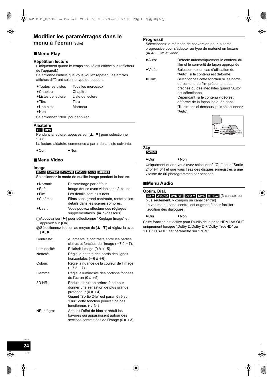 Modifier les paramétrages dans le menu à l’écran | Panasonic DMPB15 User Manual | Page 72 / 100