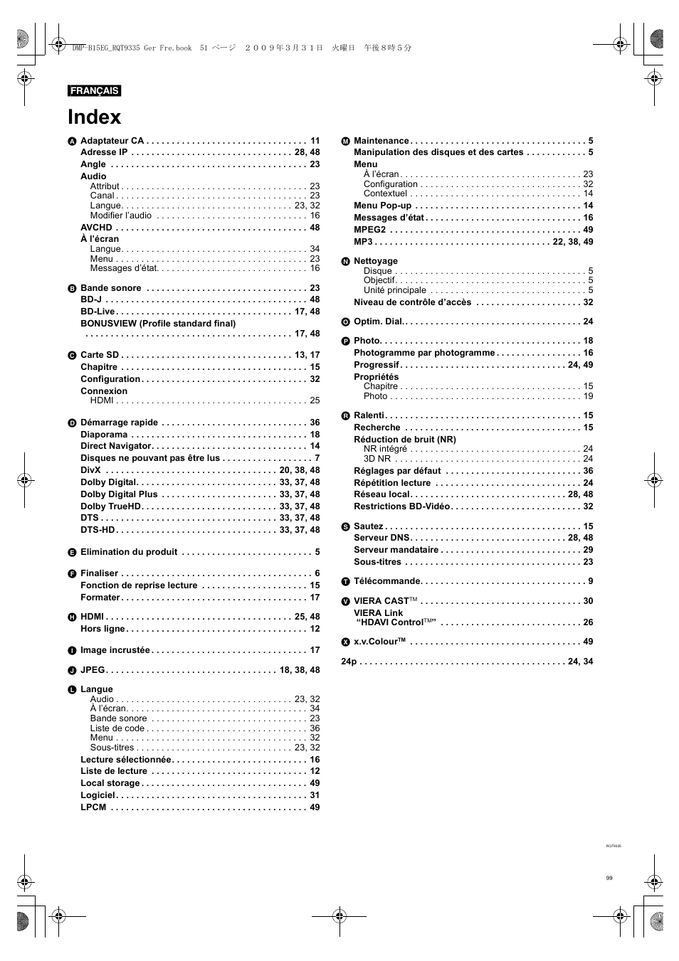 Index | Panasonic DMPB15 User Manual | Page 99 / 100