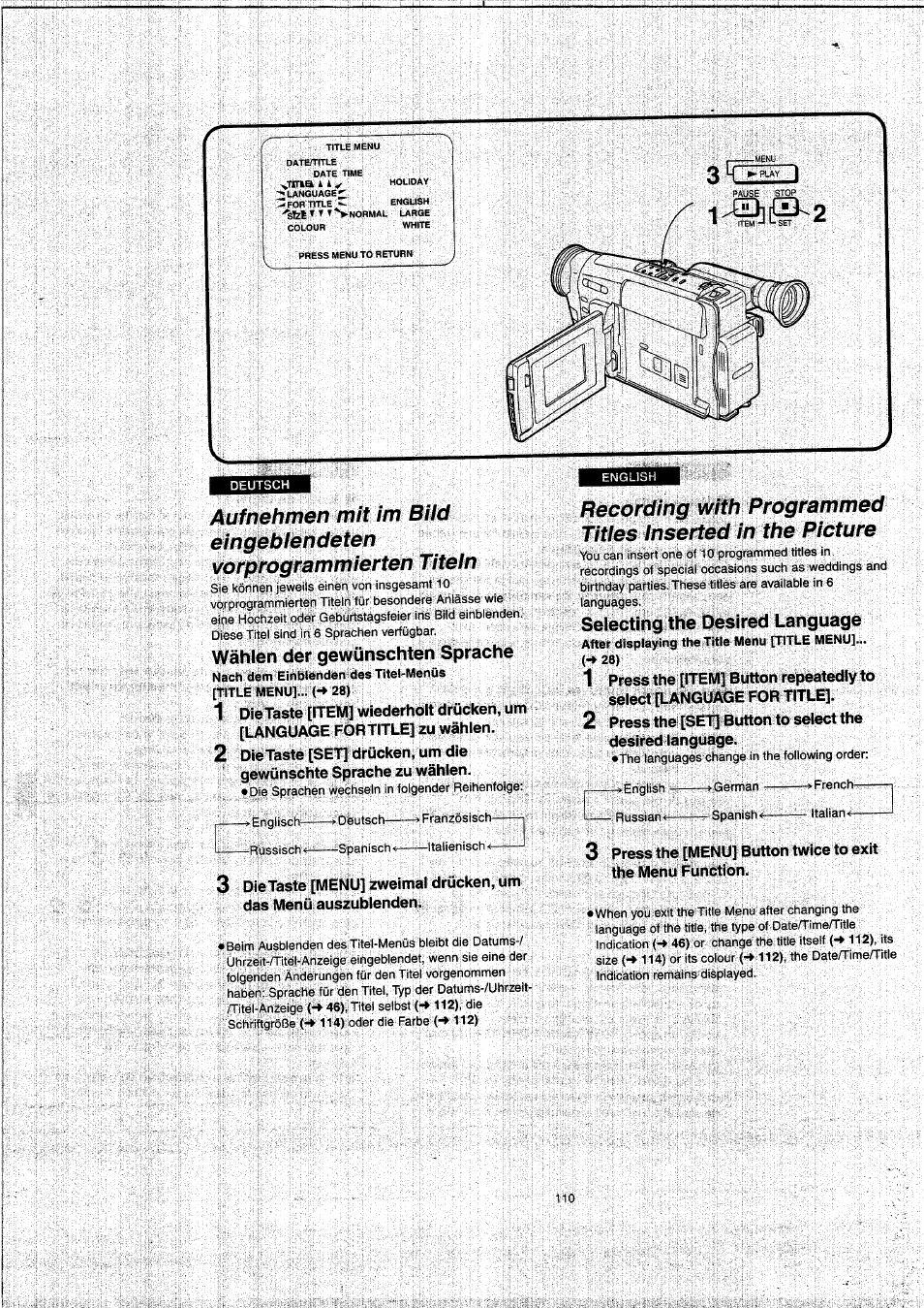 Wählen der gewünschten sprache, Selecting the desired language | Panasonic NVVX22EG User Manual | Page 110 / 154