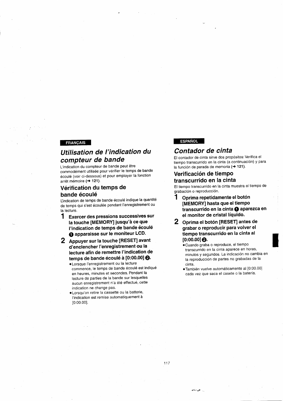 Utilisation de l’indication du compteur de bande, Vérification du temps de bande écoulé, Contador de cinta | Verificación de tiempo transcurrido en la cinta, Verificación de tiempo transcurrido, En la cinta | Panasonic NVVX22EG User Manual | Page 117 / 154