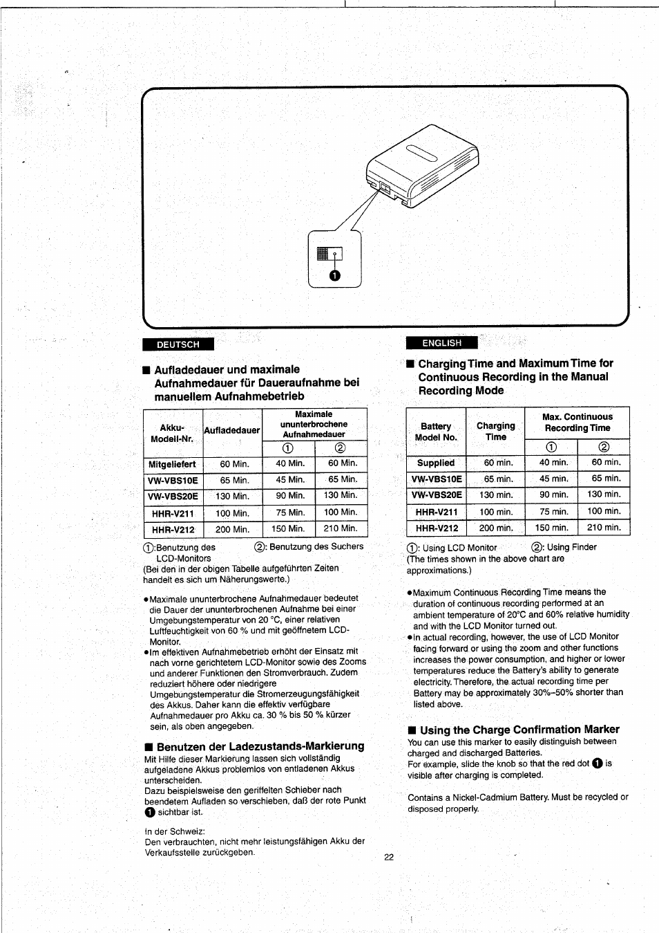 Benutzen der ladezustands-markierung, Using the charge confirmation marker | Panasonic NVVX22EG User Manual | Page 22 / 154