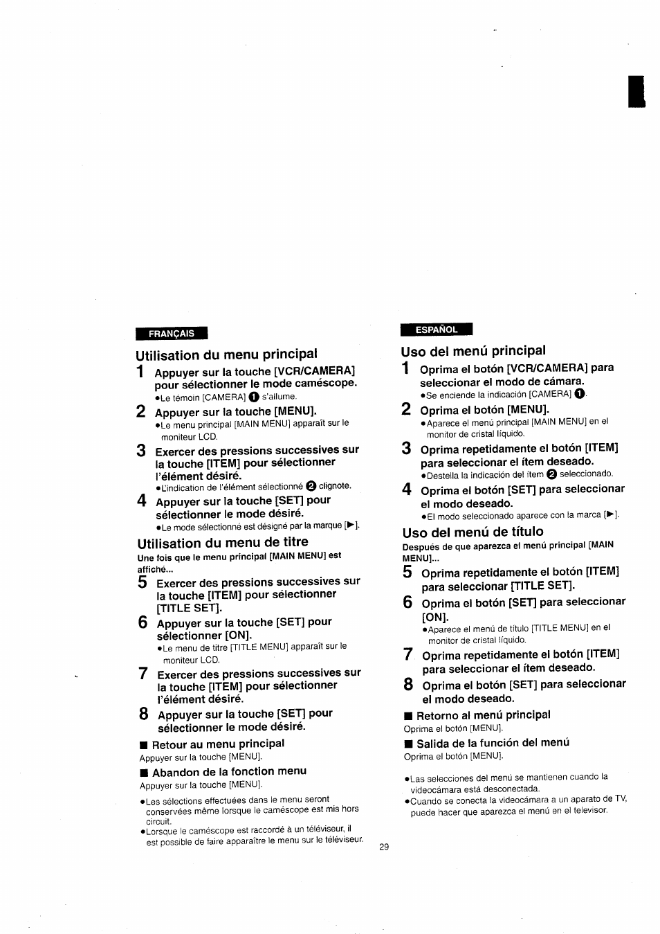 Utilisation du menu principal, Utilisation du menu de titre, Uso del menú principal | Uso del menú de título, Uso del menú principal • uso del menú de título | Panasonic NVVX22EG User Manual | Page 29 / 154