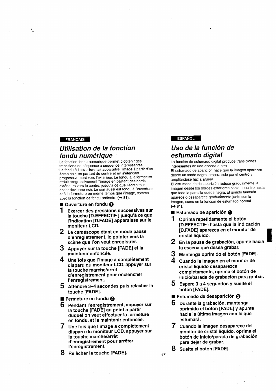 Utilisation de la fonction fondu numérique, Uso de la función de esfumado digital, Utilisation des fonctions d'effet numérique | De la función de esfumado digital | Panasonic NVVX22EG User Manual | Page 87 / 154