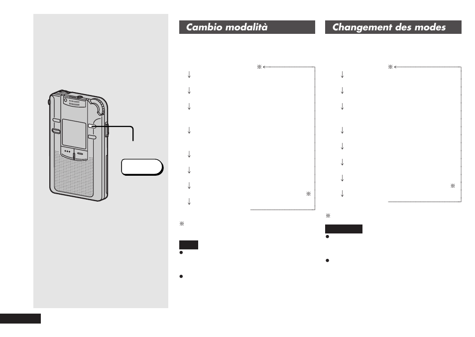 Mode, Cambio modalità, Changement des modes | Panasonic RRQR80 User Manual | Page 38 / 84