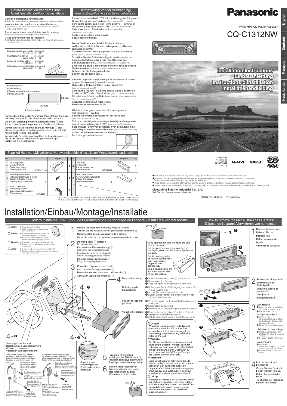 Installation/einbau/montage/installatie, Cq-c1312nw | Panasonic CQC1312NW User Manual | Page 3 / 4