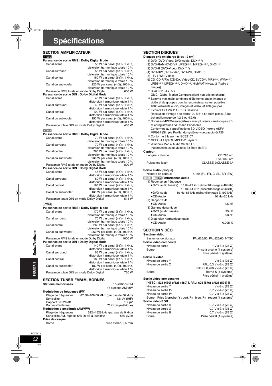 Spécifications | Panasonic SCHT845 User Manual | Page 100 / 104