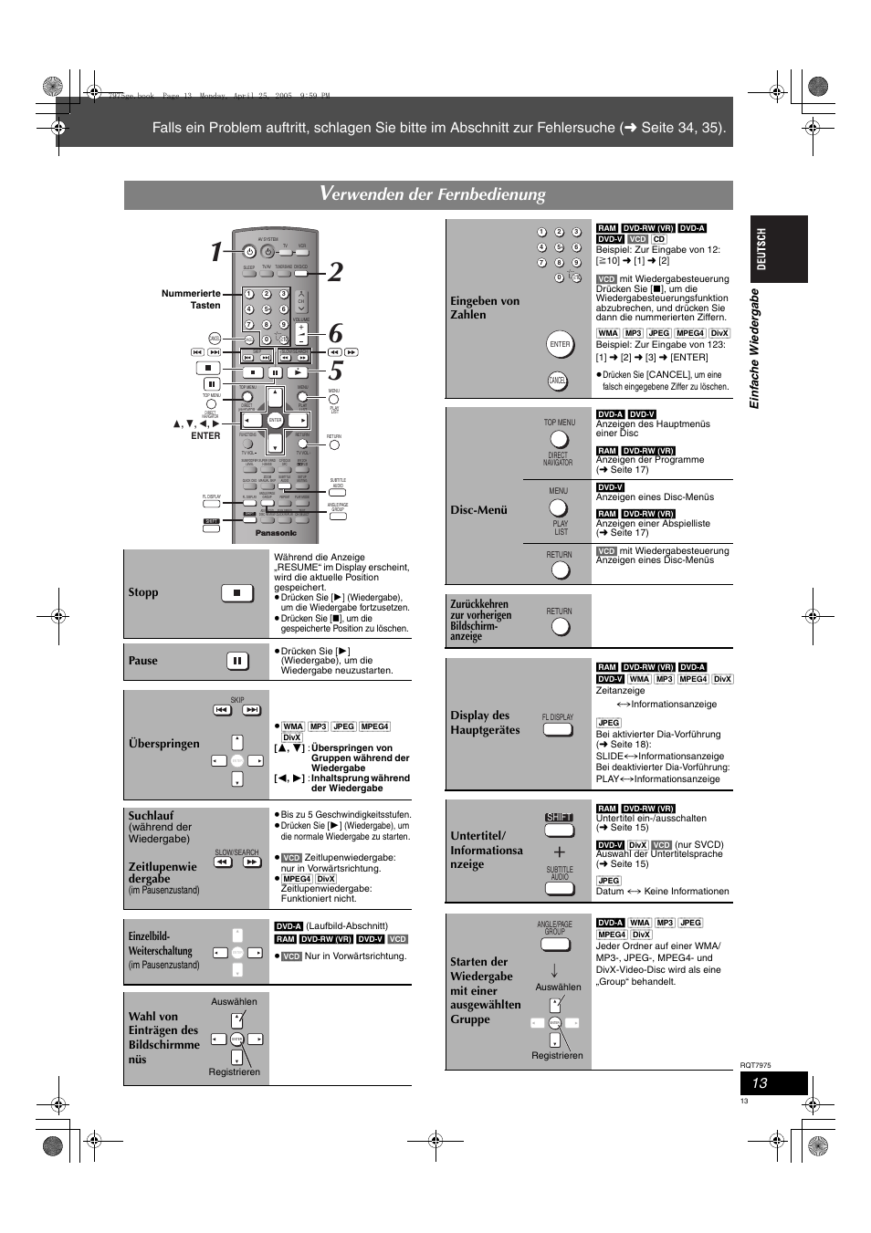 Erwenden der fernbedienung, Einf ac he wiede rgabe, Stopp | Pause, Überspringen, Suchlauf, Zeitlupenwie dergabe, Einzelbild- weiterschaltung, Wahl von einträgen des bildschirmme nüs, Eingeben von zahlen | Panasonic SCHT845 User Manual | Page 13 / 104
