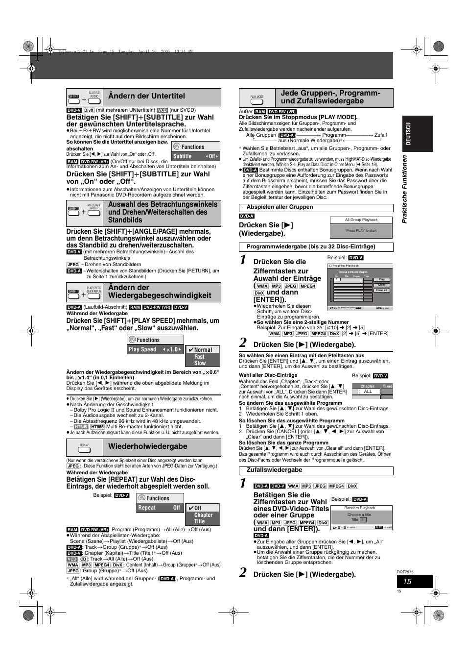 Jede gruppen-, programm- und zufallswiedergabe, Drücken sie [ 1 ] (wiedergabe), Und dann [enter]) | Panasonic SCHT845 User Manual | Page 15 / 104
