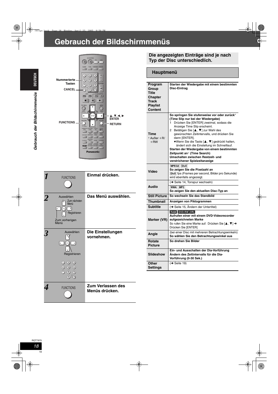 Gebrauch der bildschirmmenüs, Einmal drücken, Das menü auswählen | Die einstellungen vornehmen, Zum verlassen des menüs drücken, Gebrauc h der bild sc hirmmen ü s | Panasonic SCHT845 User Manual | Page 18 / 104