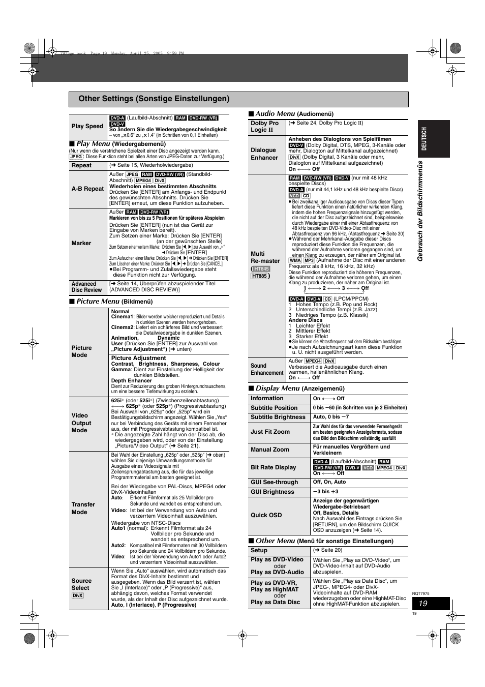Other settings (sonstige einstellungen), Play menu, Picture menu | Audio menu, Display menu, Other menu | Panasonic SCHT845 User Manual | Page 19 / 104
