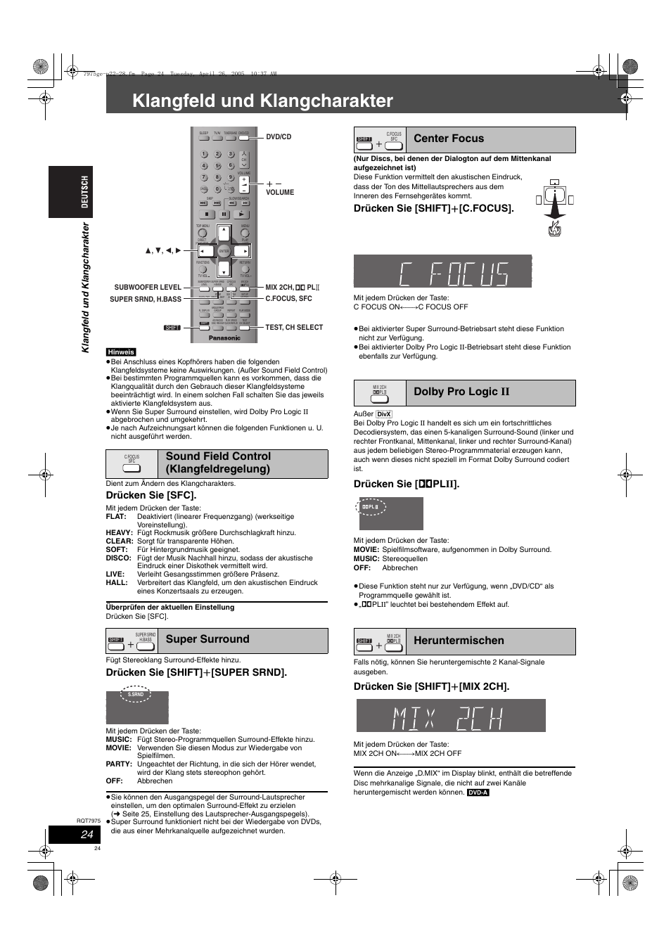 Klangfeld und klangcharakter, Center focus dolby pro logic ii heruntermischen, Drücken sie [sfc | Drücken sie [shift] i [super srnd, Drücken sie [shift] i [c.focus, Drücken sie [ î plii, Drücken sie [shift] i [mix 2ch, Kla ngf e ld u nd kla ngc ha rak te r | Panasonic SCHT845 User Manual | Page 24 / 104