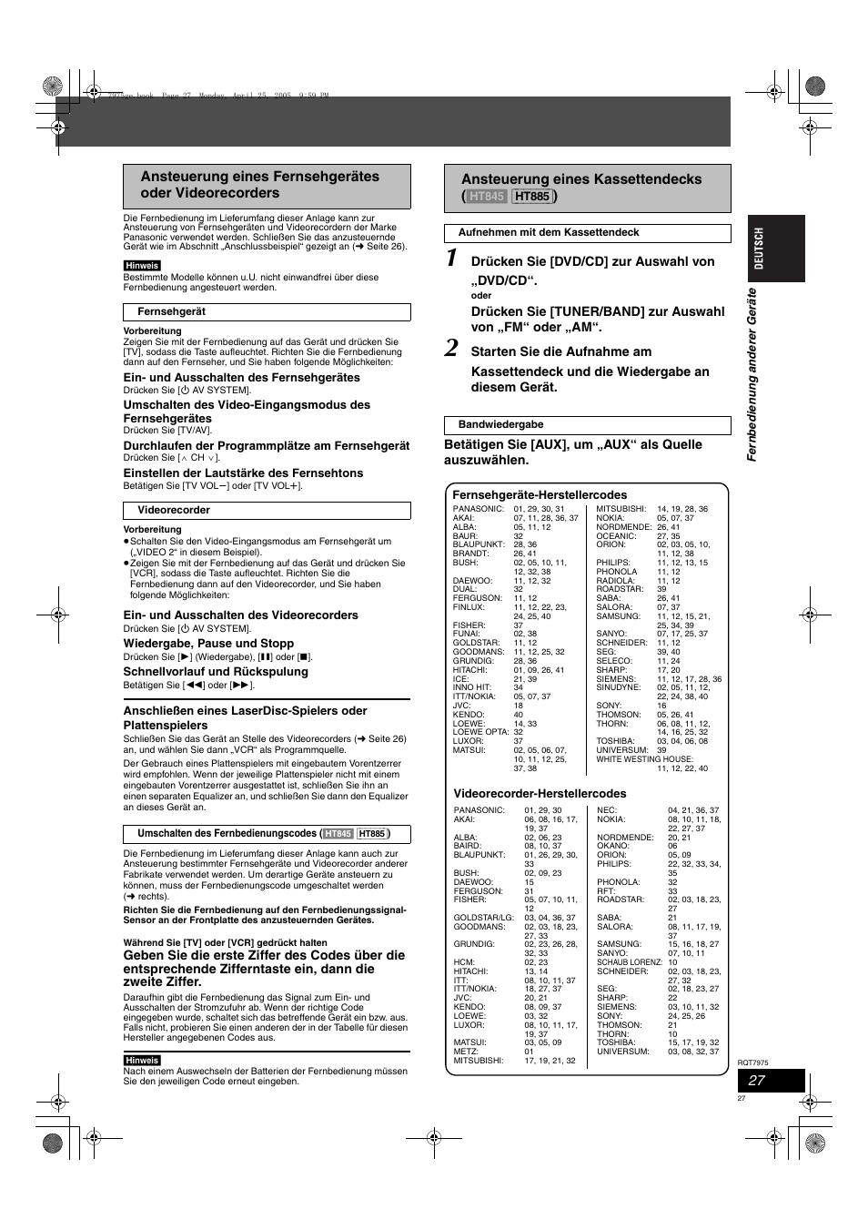 Drücken sie [dvd/cd] zur auswahl von „dvd/cd | Panasonic SCHT845 User Manual | Page 27 / 104