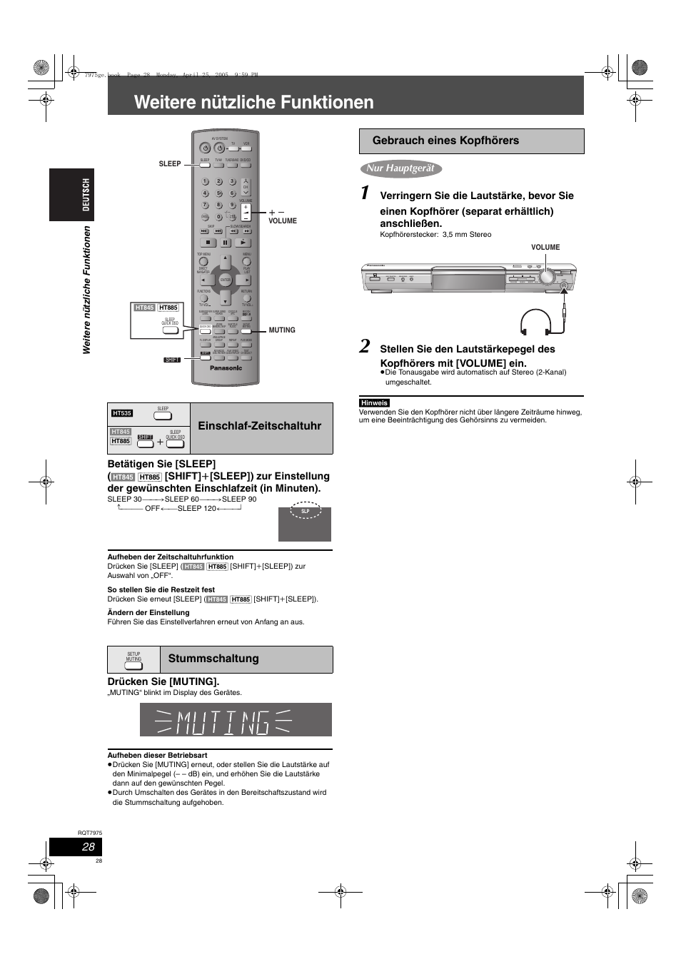 Weitere nützliche funktionen, Einschlaf-zeitschaltuhr stummschaltung, Gebrauch eines kopfhörers | Betätigen sie [sleep, Drücken sie [muting, Nur hauptgerät input selector progressive, Open close | Panasonic SCHT845 User Manual | Page 28 / 104
