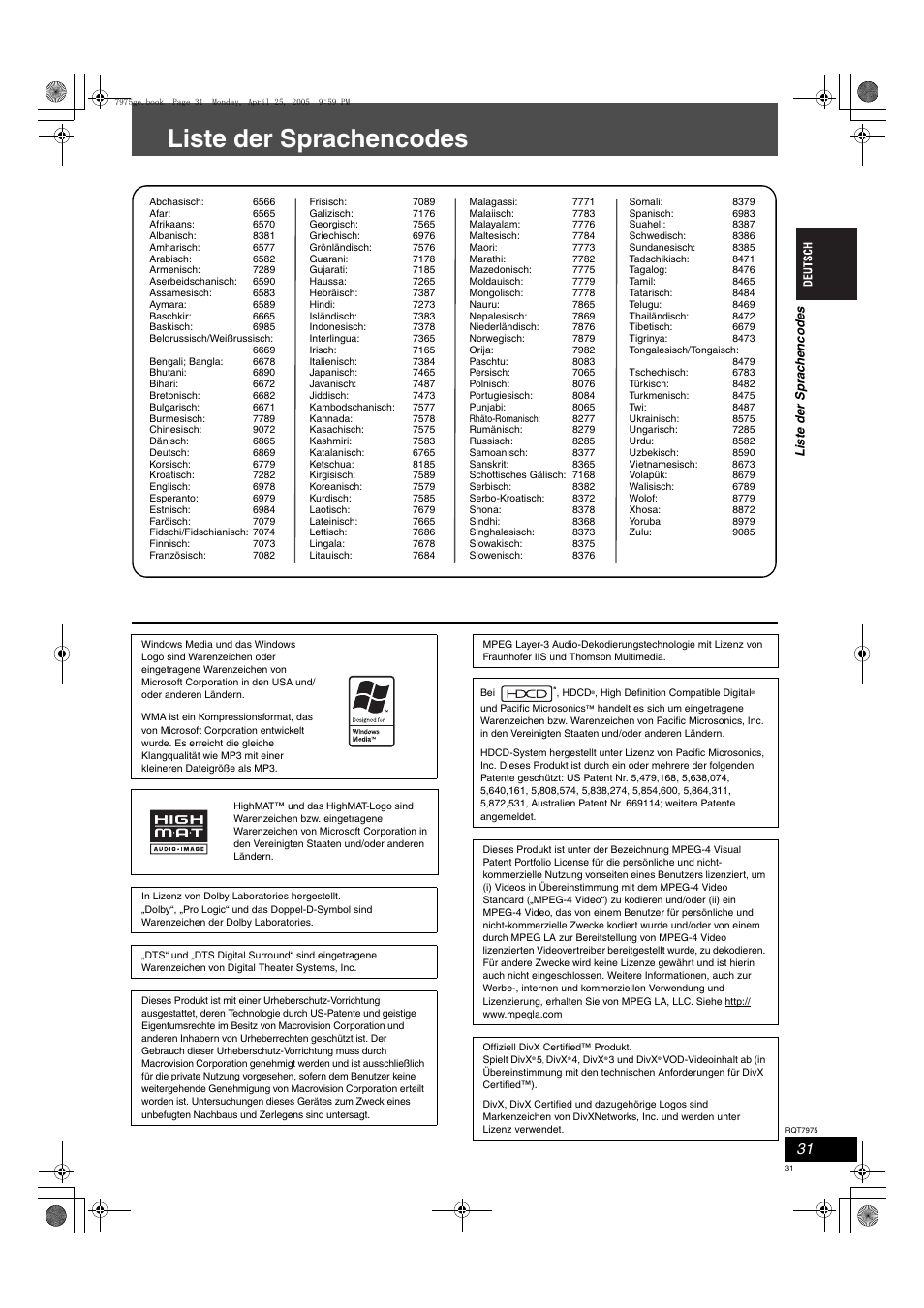 Liste der sprachencodes | Panasonic SCHT845 User Manual | Page 31 / 104