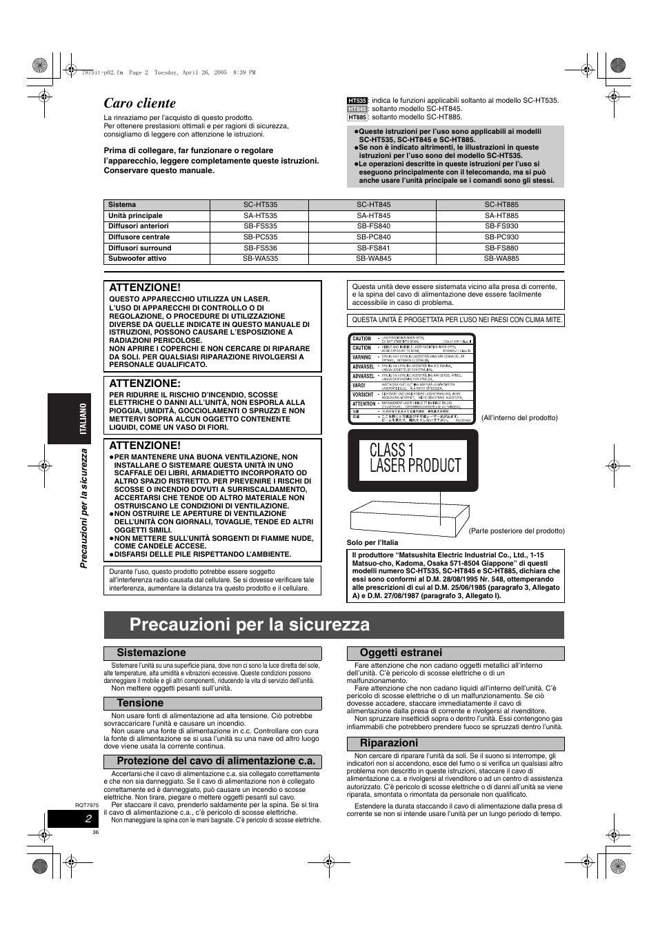 Precauzioni per la sicurezza, Caro cliente, Attenzione | Panasonic SCHT845 User Manual | Page 36 / 104