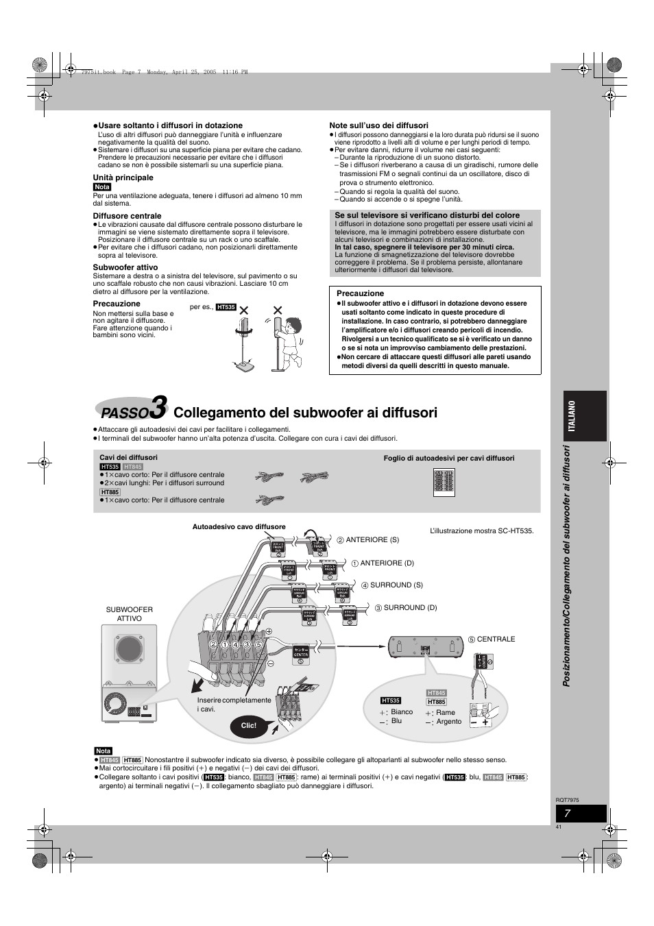 Passo, Collegamento del subwoofer ai diffusori | Panasonic SCHT845 User Manual | Page 41 / 104