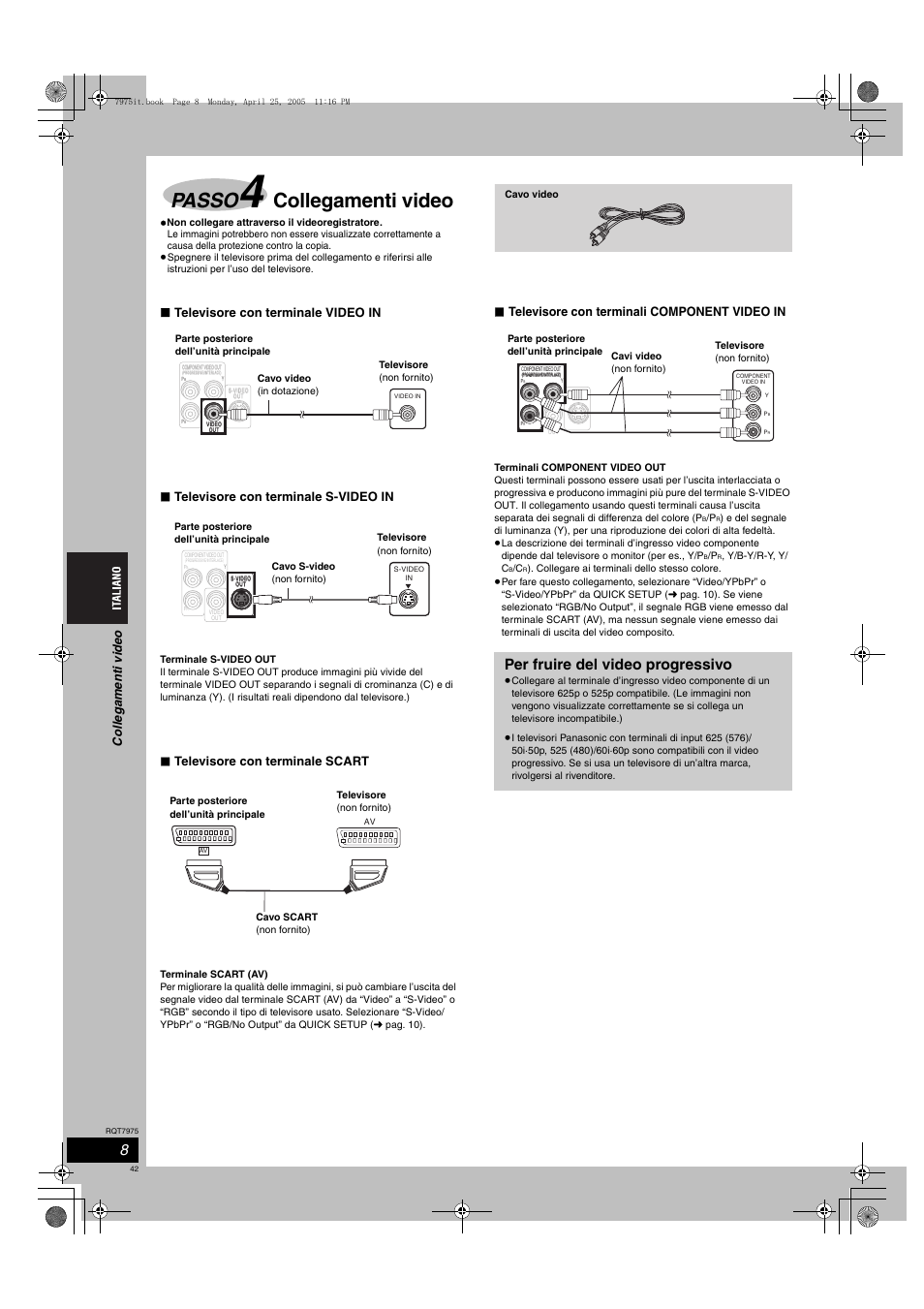 Passo, Collegamenti video, Per fruire del video progressivo | Televisore con terminale scart, Televisore con terminali component video in, Collega m e nt i vide o | Panasonic SCHT845 User Manual | Page 42 / 104