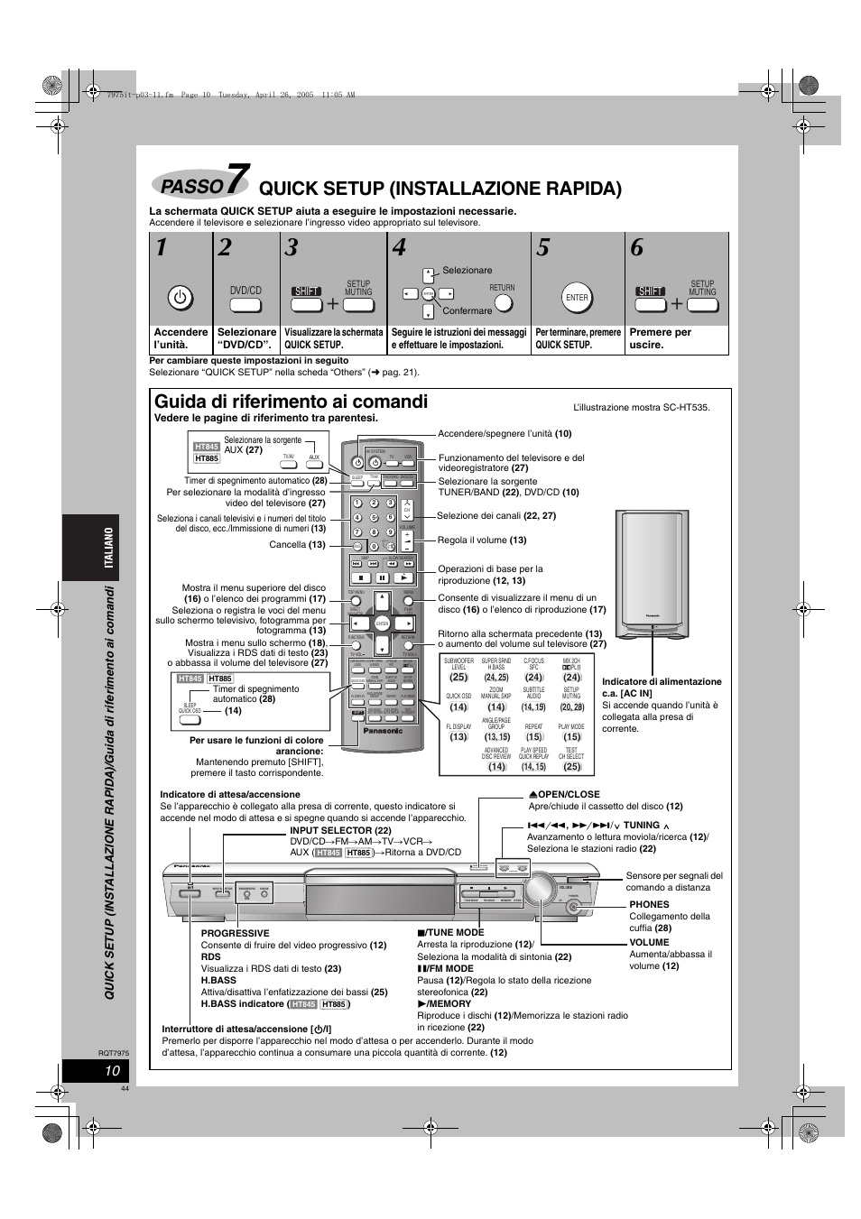 Passo, Quick setup (installazione rapida), Guida di riferimento ai comandi | Tuning, Open close ac in ac in | Panasonic SCHT845 User Manual | Page 44 / 104