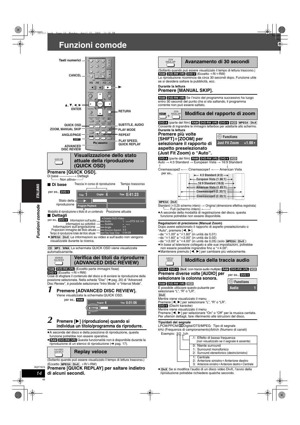 Funzioni comode, Premere [quick osd, Premere [advanced disc review | Premere [manual skip, Funzioni comod e, Di base, Dettagli | Panasonic SCHT845 User Manual | Page 48 / 104